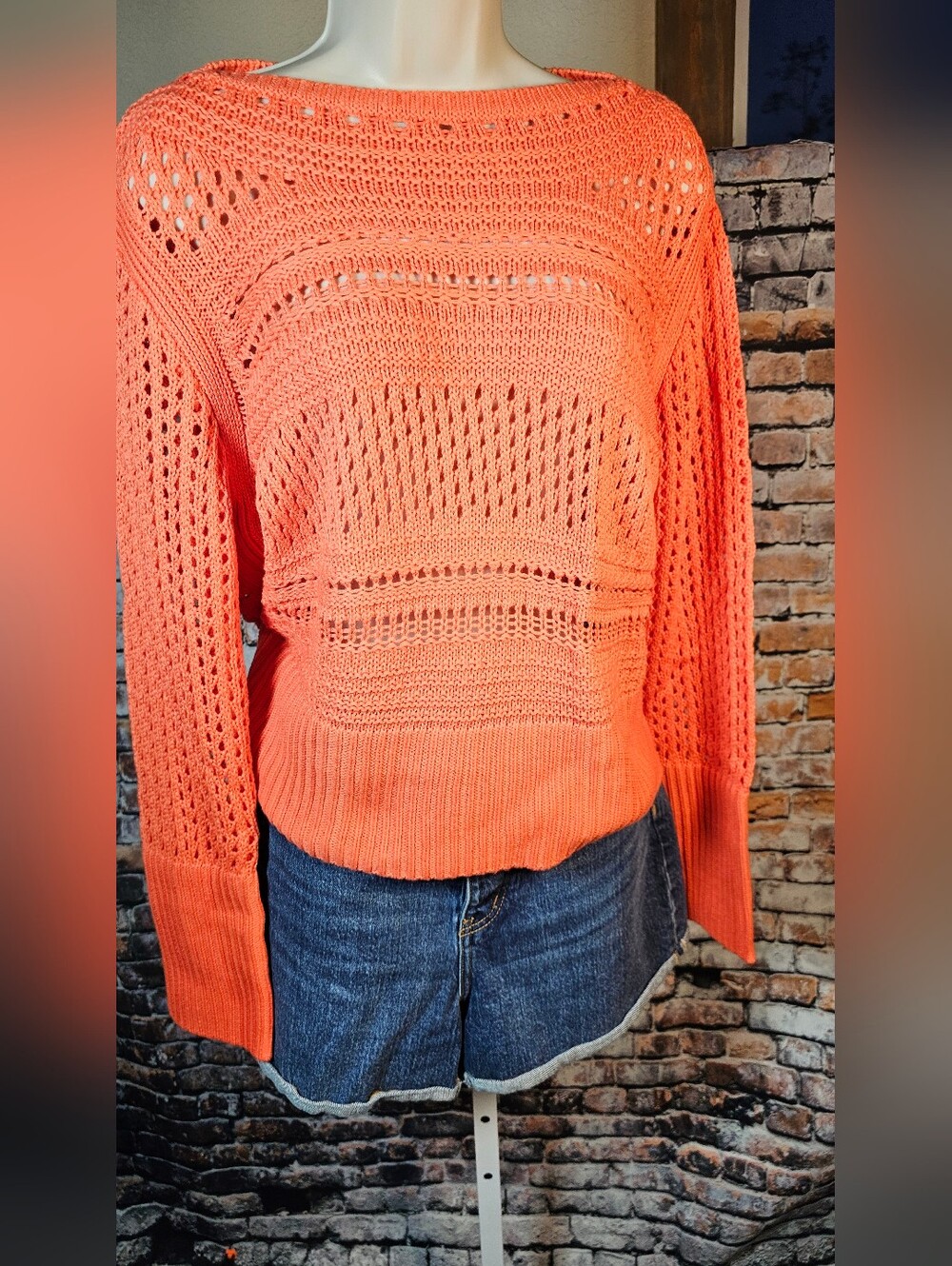Krimson Klover Faye Sweater Coral Open Knit Cotton Cashmere Blend NWT Large